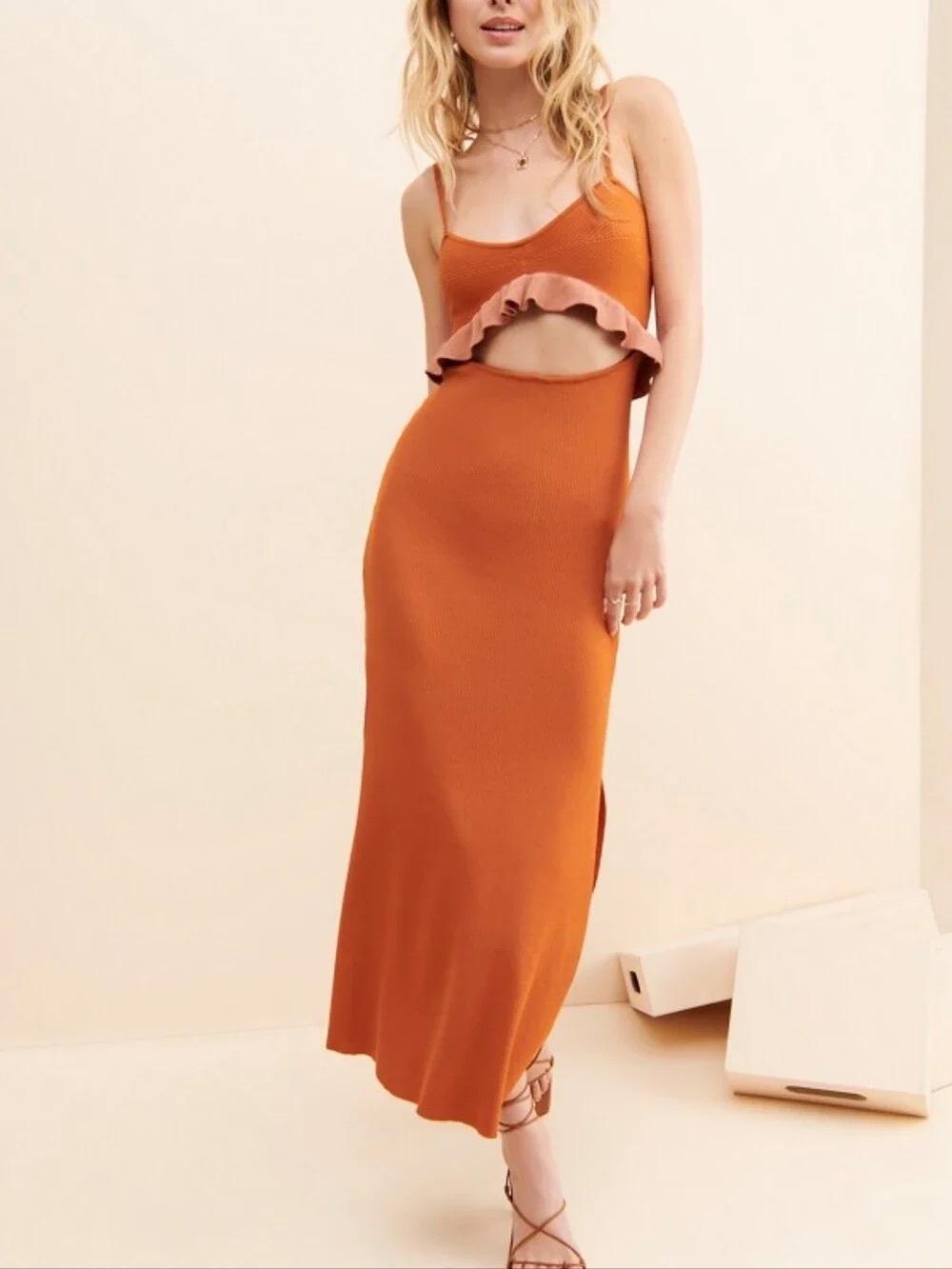 Mon Renn burnt orange cutout midi dress